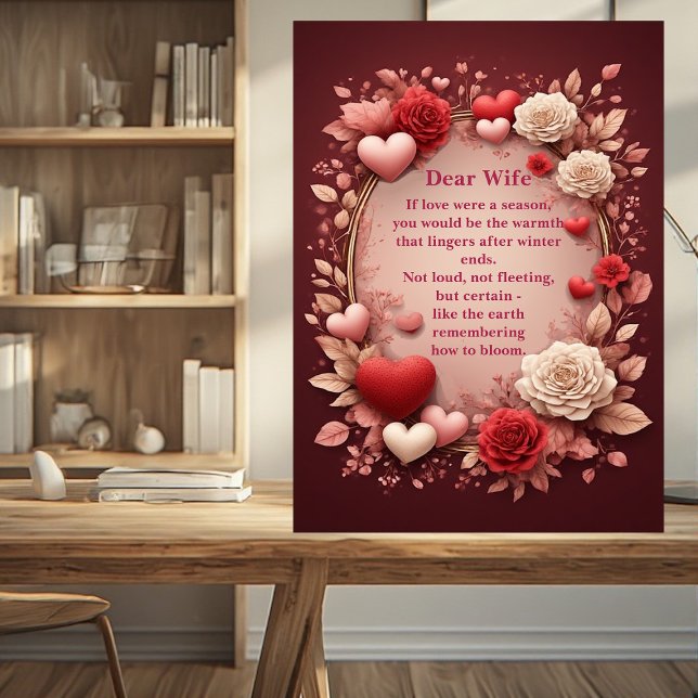 Plaque Photo Poème romantique pour couples Roses rouges Cœurs V (Romantic Poem Couples Red Roses Hearts Vintage Plaque)