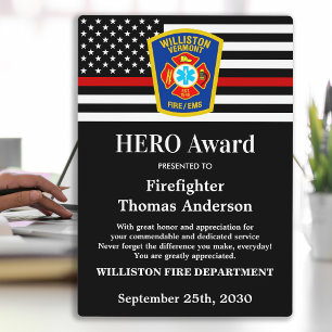 Plaque Photo Pompier HERO Award Mince ligne rouge