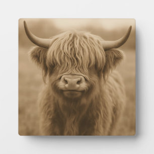 Plaque Photo Portrait sépia de vache des Highlands