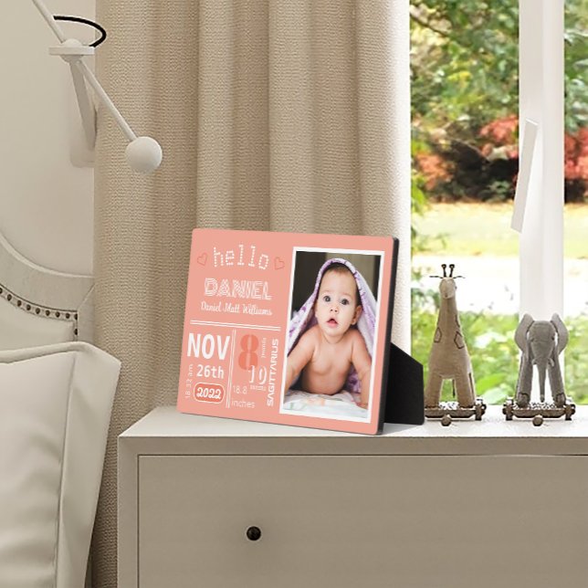 Plaque photo pour bébé Faire-part de naissance cor (Coral Birth Announcement Baby Photo Plaque)