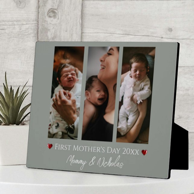 Plaque Photo Première fête des mères Trois photos Collage Sage  (Sage Green First Mother's Day Three Photo Collage Plaque)