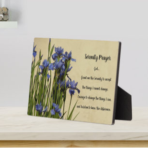 Plaque Photo Prière de sérénité inspirante Blue Irises Floral