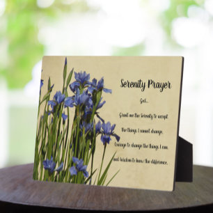 Plaque Photo Prière de sérénité inspirante Blue Irises Floral