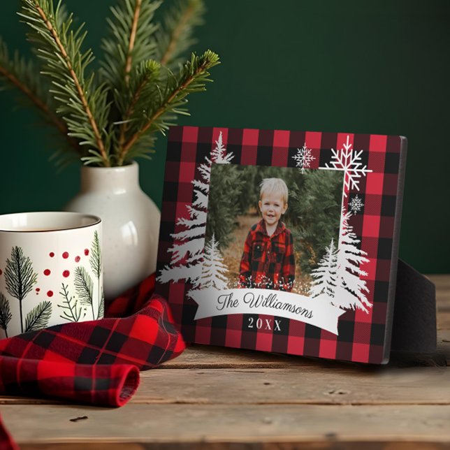 Plaque Photo Red Buffalo Plaid Russe Pine Tree Family Photo (Red Buffalo Plaid Rustic Pine Tree Family Photo Plaque)