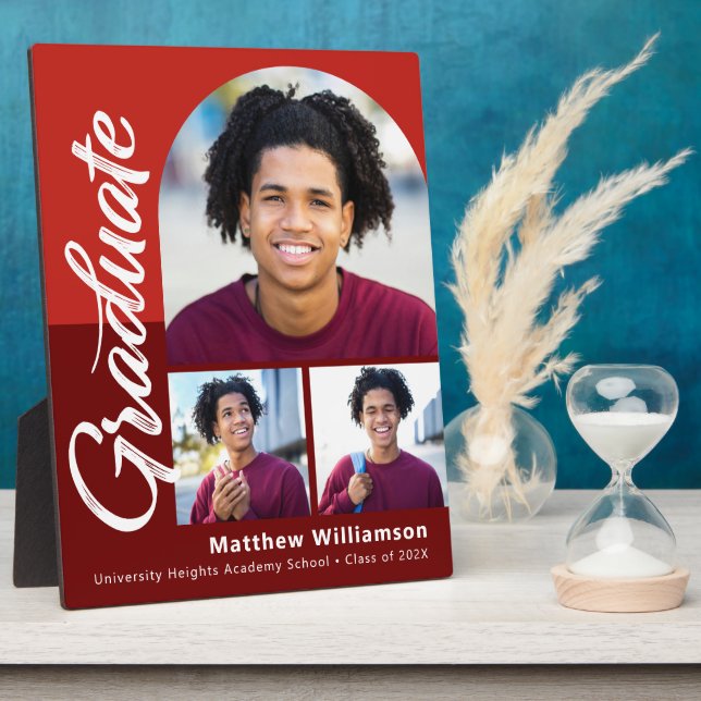 Plaque Photo Red Graduation 3 Photo Bold Arch Script Minimalist (Côté)