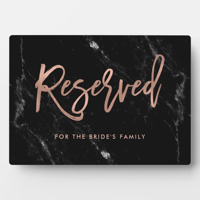 Plaque Photo Réservé | Rose Gold Script Black Marble Mariage (Devant)