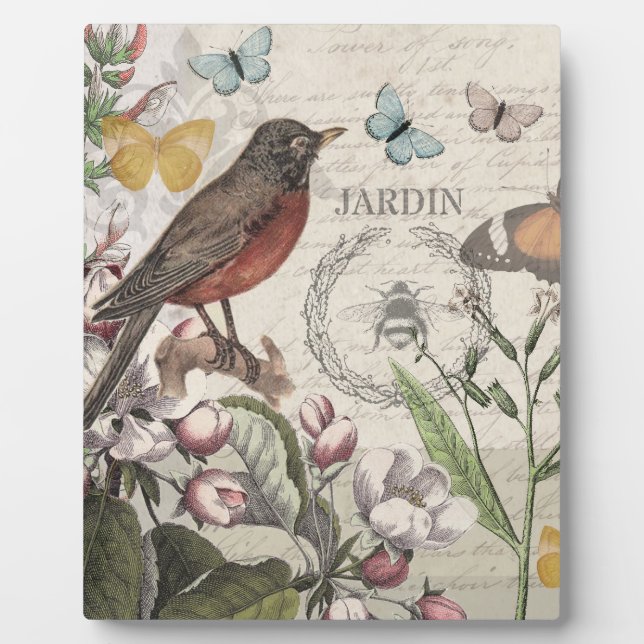 Plaque Photo Robin Elegant Bird Butterfly French Art (Devant)