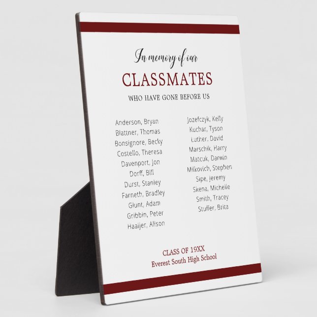 Plaque Photo Rouge foncé En Mémoire Des Hommes De Classe Noms M (Côté)