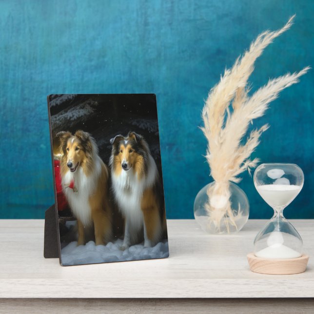 Plaque Photo Rough Collie Snowy Sleigh Décor de Noël (Côté)