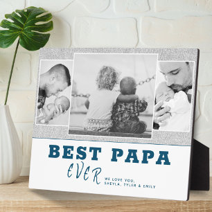 Plaque Photo Rustic Blue Best Papa`s Day 3 Photo Collage