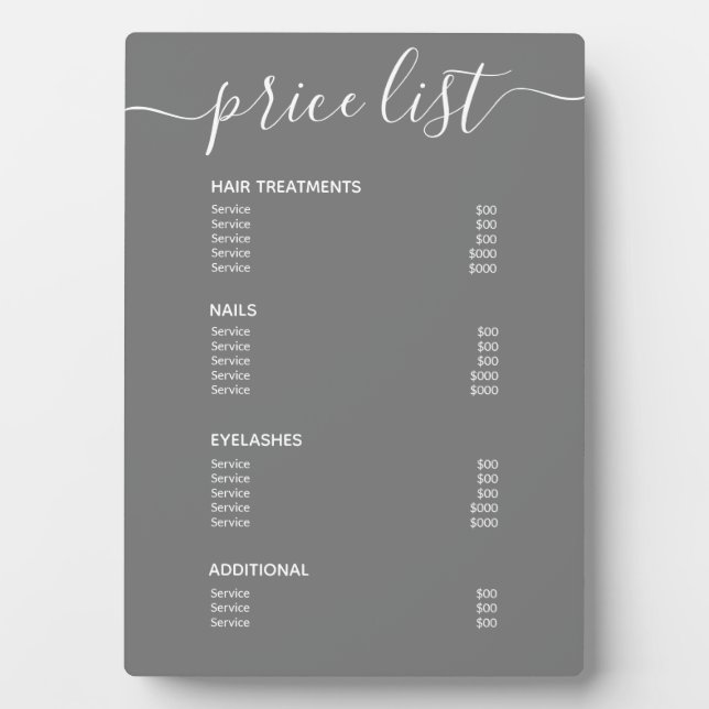 Plaque Photo Salon gris moderne simple Tarifs Menu Service (Devant)