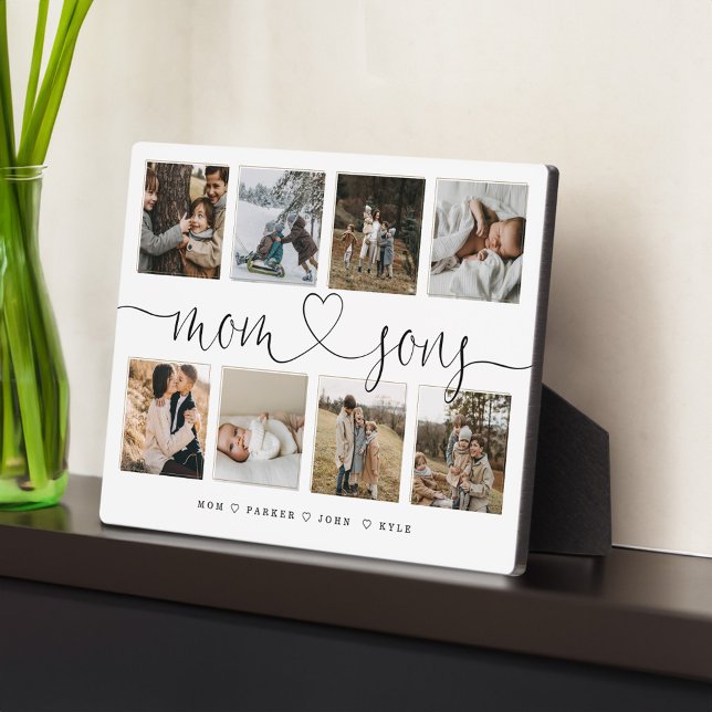 Plaque Photo Script de coeur Maman & Sons | Collage de la grill (Mom & Sons Heart Script | Photo Grid Collage Plaque)