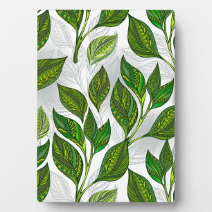 Plaque Photo Seamless Pattern with Green Tea Leaves