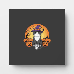 Plaque Photo Sorcière de Halloween Chat Citrouille Lune Design_