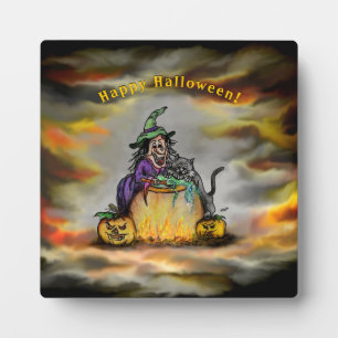 Plaque Photo Sorcière et chat noir, Happy Halloween !