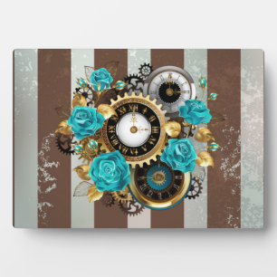 Plaque Photo Steampunk Clock and Turquoise Roses on Striped