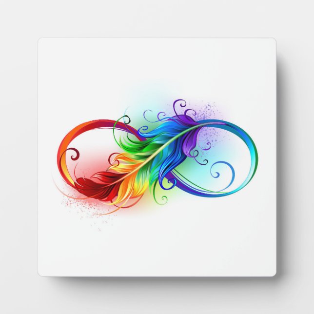 Plaque Photo Symbole d'infini avec plume arc-en-ciel (Devant)