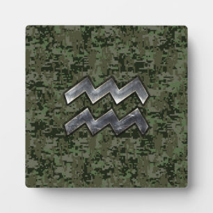 Plaque Photo Symbole Zodiaque Aquarius sur camo numérique vert 