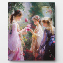Trois filles jouant dans un jardin