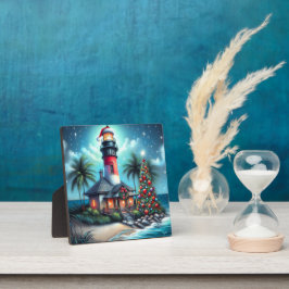 Plaque Photo Whimsical Tropical Christmas Lighthouse Turquoise