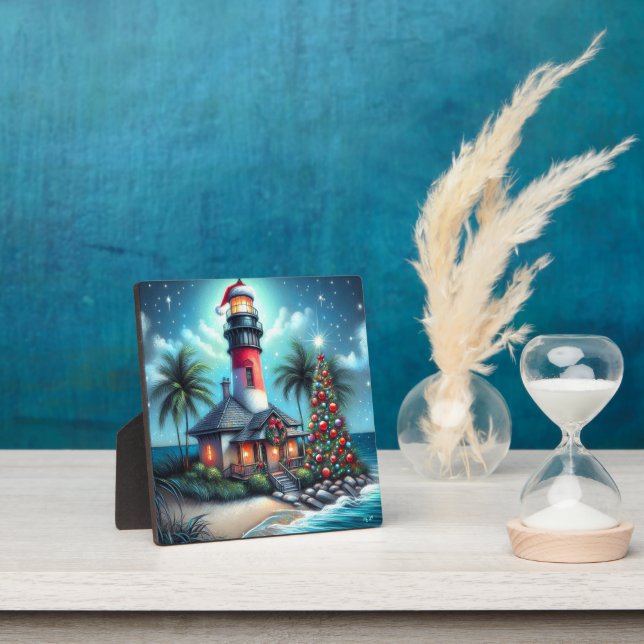 Plaque Photo Whimsical Tropical Christmas Lighthouse Turquoise  (Insitu)