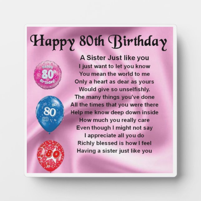 Plaque Poem 80th Birthday Sister (Devant)
