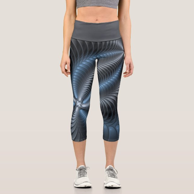 Plastic Blue Gray 3D Fraktal Kunst Modernes Abstra Capri Leggings (Vorderseite)