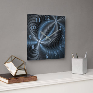 Plastic Blue Gray 3D Fraktal Kunst Modernes Abstra Quadratische Wanduhr