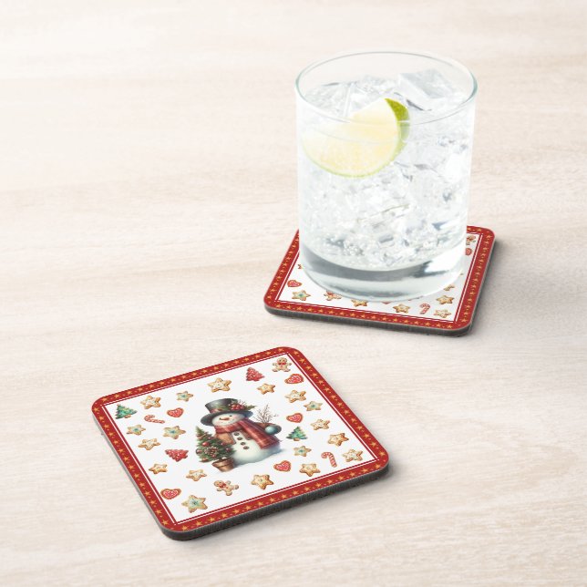 Plastic Coaster Snowman and Christmas Cookies Red Getränkeuntersetzer (Rechte Seite)