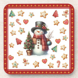 Plastic Coaster Snowman and Christmas Cookies Red Getränkeuntersetzer