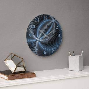 Plastisches Blau-Grau 3D-Fraktal-Art Moderne Abstr Große Wanduhr