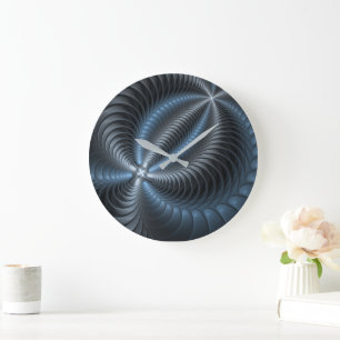 Plastisches Blau-Grau 3D-Fraktal-Art modernes Abst Große Wanduhr