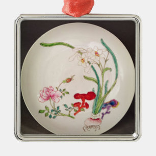 Plat de porcelaine, décoration rose de famille,