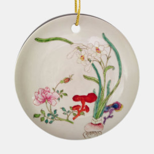 Plat de porcelaine, décoration rose de famille,