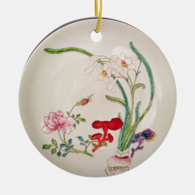 Plat de porcelaine, décoration rose de famille, (Devant)