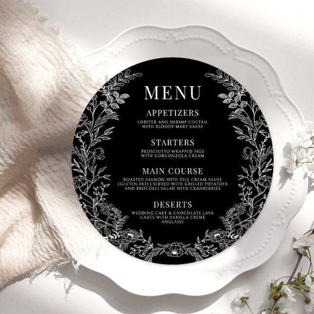 Plate de carte à mariage rond blanc noir (Créateur téléchargé)