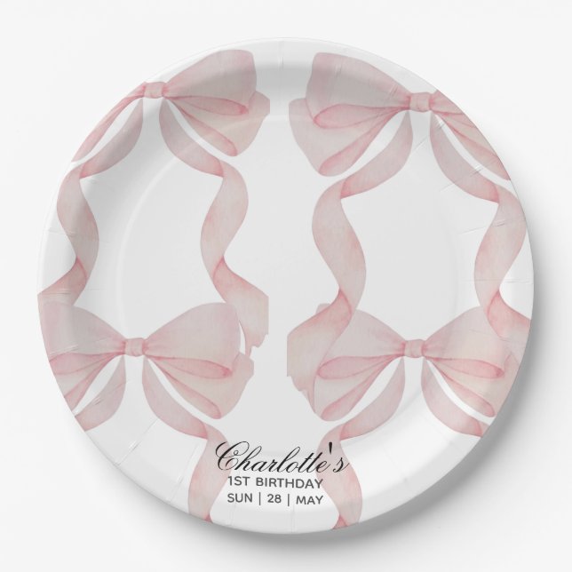 plate Pink Bow Paper Plate 1st birthday Pappteller (Vorderseite)