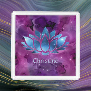 Plateau En Acrylique Fleur de Lotus de Galaxie Bleue Cosmique avec nom