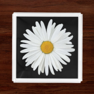 Plateau En Acrylique Fleur marguerite blanche sur Floral noir