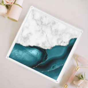 Plateau En Acrylique Marbre blanc Parties scintillant Argent Turquoise 