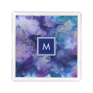 Plateau En Acrylique monogramme d'éclaboussure d'aquarelle bleu violet