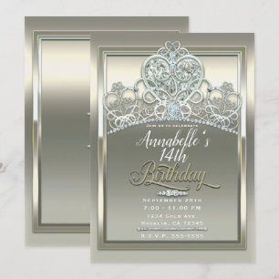 Platin-Elfenbein-Prinzessin-Herz-Tiara-Birthday-Pa Einladung