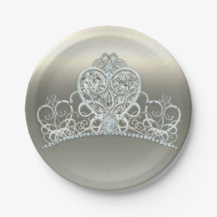 Platin-Elfenbein-Prinzessinnen-Herz-Tiara-Birthday Pappteller