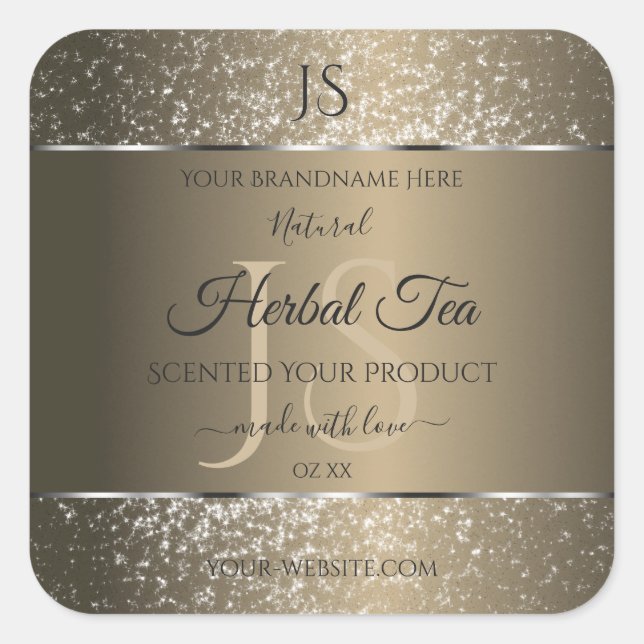Platinbeige mit Glitzer Initial Product Label Quadratischer Aufkleber (Vorderseite)