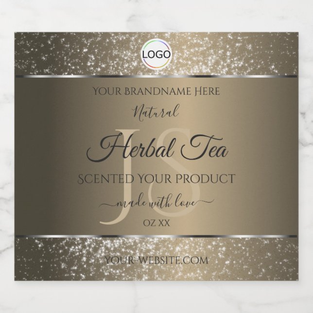 Platinum Beige Logo Initial Glitzer Product Label Alkoholflaschenetikett (Einzelnes Label)
