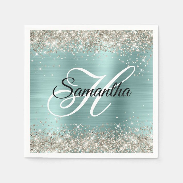 Platinum Glitzer Pale Turquoise Foil Monogramm Serviette (Vorderseite)
