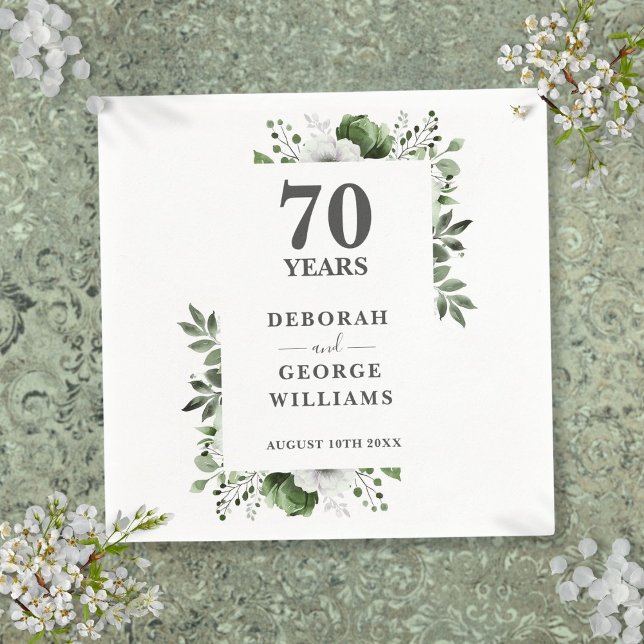 Platinum Greenery Floral 70. Hochzeitstag Serviette (Platinum Greenery Floral 70th Wedding Anniversary Napkins)