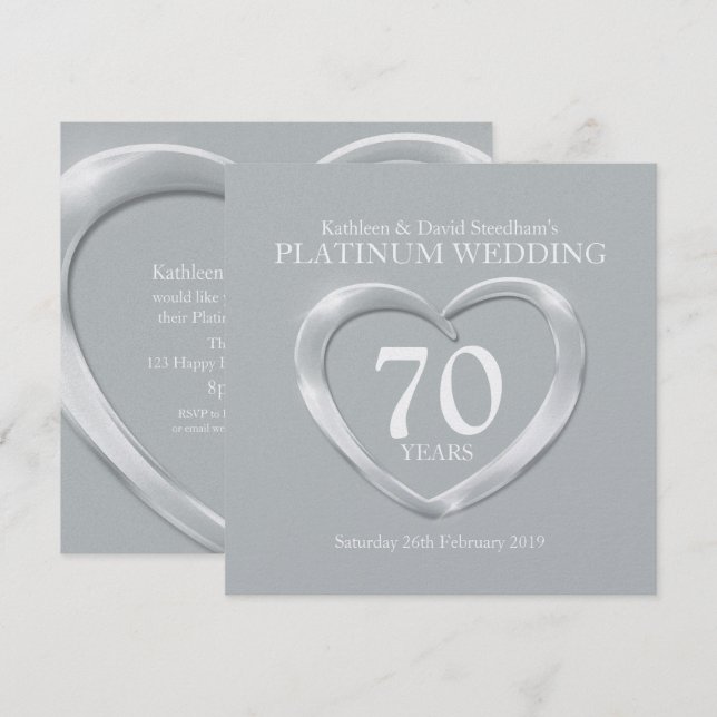 Platinum Hochzeitsherz 70 Jahre Jubiläum laden Einladung (Vorne/Hinten)