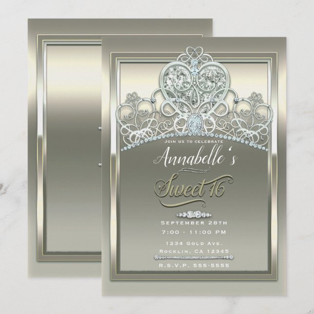 Platinum Ivory Princess Heart Tiara Sweet 16 Party Einladung (Vorne/Hinten)