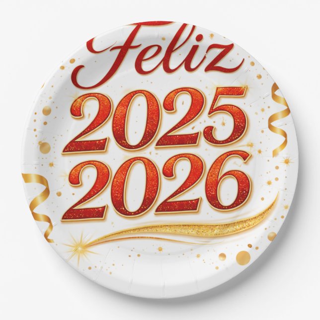 Plato de Papel con Diseño “Feliz 2025–2026” | Deco Pappteller (Vorderseite)